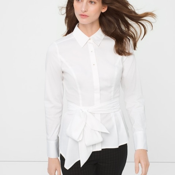 WHBM Asymmetric Poplin Blouse Button Up Tie Waist - Picture 2 of 4